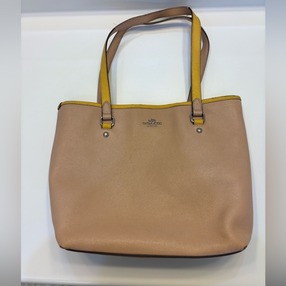 Coach Nude Tote Bag Purse Mustard Yellow Trim Women’s Zipper